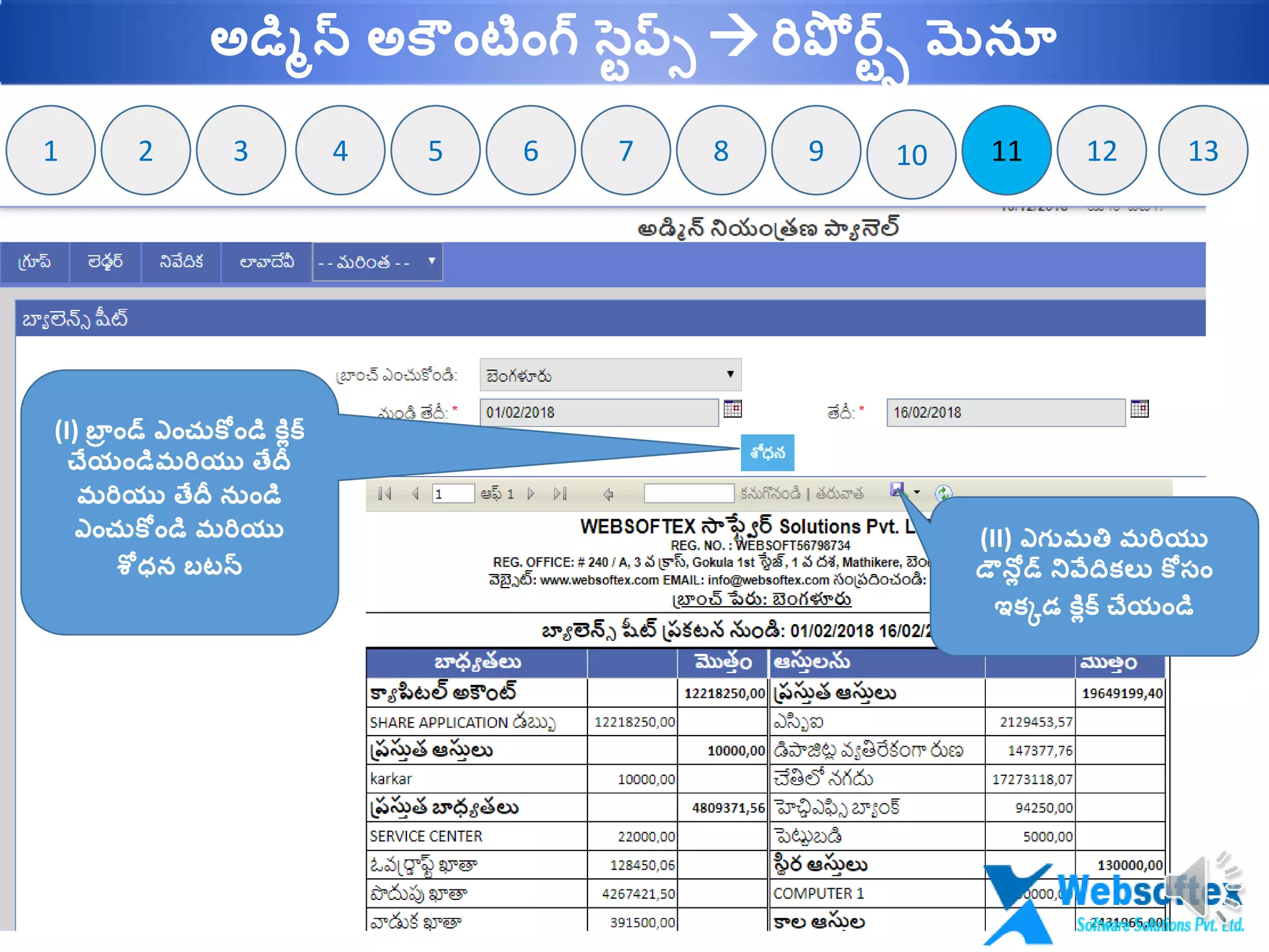 11112 81 63 54 7 9 10 12 13
(I) బ్ర ాండ్ ఎాంచుక ాండమ కలిక్
చేయాండమమరియు తేదీ
మరియు తేదీ నుాండమ
ఎాంచుక ాండమ మరియు
శోధ్న బటన్
(II) ఎగ్ుమతి మరియు
డౌనలి డ్ నివేదికలు క సాం
ఇకకడ కలిక్ చేయాండమ
అడమిన్ అక ాంటాంగ్ సవప్్  రిపో ర్వ్ మెనూ
 