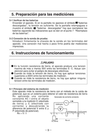 ― 9 ―
5. Preparacio´n para las medicio´nes
6. Instrucciones de funcionamiento
5-1 Verificar de las baterl´as
Encender el aparato. Si en la pantalla no aparece el sl´mbolo "baterl´as
descargadas", la tensio´n es suficiente. Se la pantalla relampaguea o
muestra el sl´mbolo "baterl´as descargadas" hay que reemplazar las
baterl´as siguiendo las indicaciones que se dan en el punto 7 "Reemplazo
de las baterl´as".
5-2 Conexio´n de la sonda de prueba
Introducir firmemente la chaveta de la sonda en los terminales del
aparato. Una conexio´n mal hecha o poco firme podrl´a dar mediciones
imprecisas.
PELIGRO
● En la funcio´n resistencia de tierra, el aparato produce una tension
maxima de ma´s o menos 50V entre los terminales E- C. Actuar con
atencion para evitar el peligro de descargas ele´ctricas.
● Cuando se mide la tension de tierra, no hay que aplicar tensiones
superiores a 200V entre los terminales de medicio´n.
● Cuando se mide la resistencia de tierra, no hay que aplicar ninguna
tension entre los terminales de medicio´n.
6-1 Principio del sistema de medicio´n
Este aparato mide la resistencia de tierra con el me´todo de la cal´da de
potencial, que es un sistema para obtener el valor de resistencia de tierra
Rx aplicando una corriente
constante AC I entre el objeto
sometido a la medicio´n E (electrodo
de tierra) y C (electrodo con
corriente) y descubriendo la
diferencia de potencial V entre E y
P (electrodo de potencial).
Rx = V / I
Generador de corriente constante
Voltl′metro
P(Potencial) C(Current)
Rx=v/l
E(Tierra)
∼
V
 