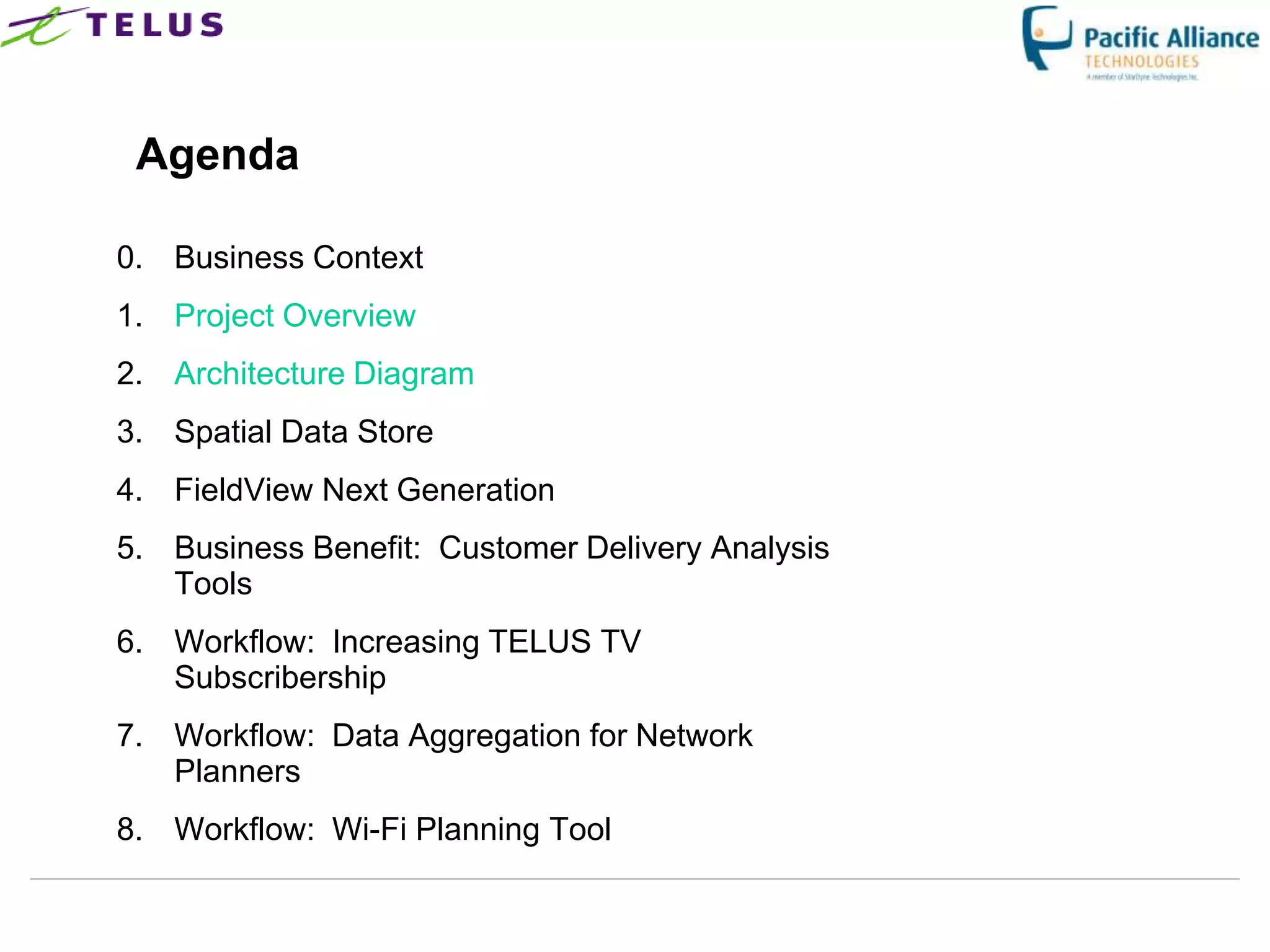 Agenda

0. Business Context
1. Project Overview
2. Architecture Diagram
3. Spatial Data Store
4. FieldView Next Generation
5. Business Benefit: Customer Delivery Analysis
   Tools
6. Workflow: Increasing TELUS TV
   Subscribership
7. Workflow: Data Aggregation for Network
   Planners
8. Workflow: Wi-Fi Planning Tool
 