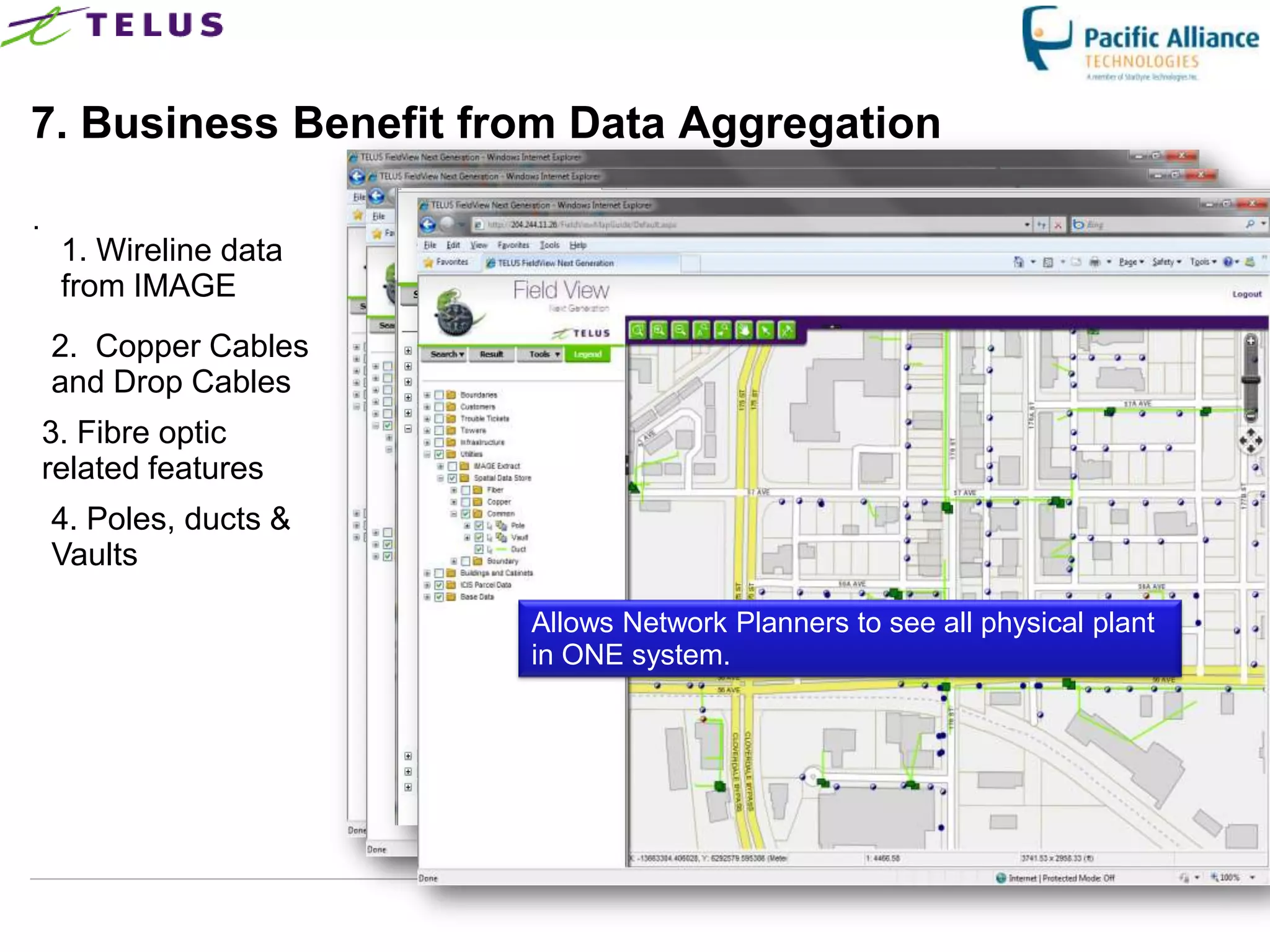 7. Business Benefit from Data Aggregation

.
     1. Wireline data
     from IMAGE
    2. Copper Cables
    and Drop Cables
    3. Fibre optic
    related features
    4. Poles, ducts &
    Vaults

                              Allows Network Planners to see all physical plant
                              in ONE system.




                        TELUS Confidential                  39
 