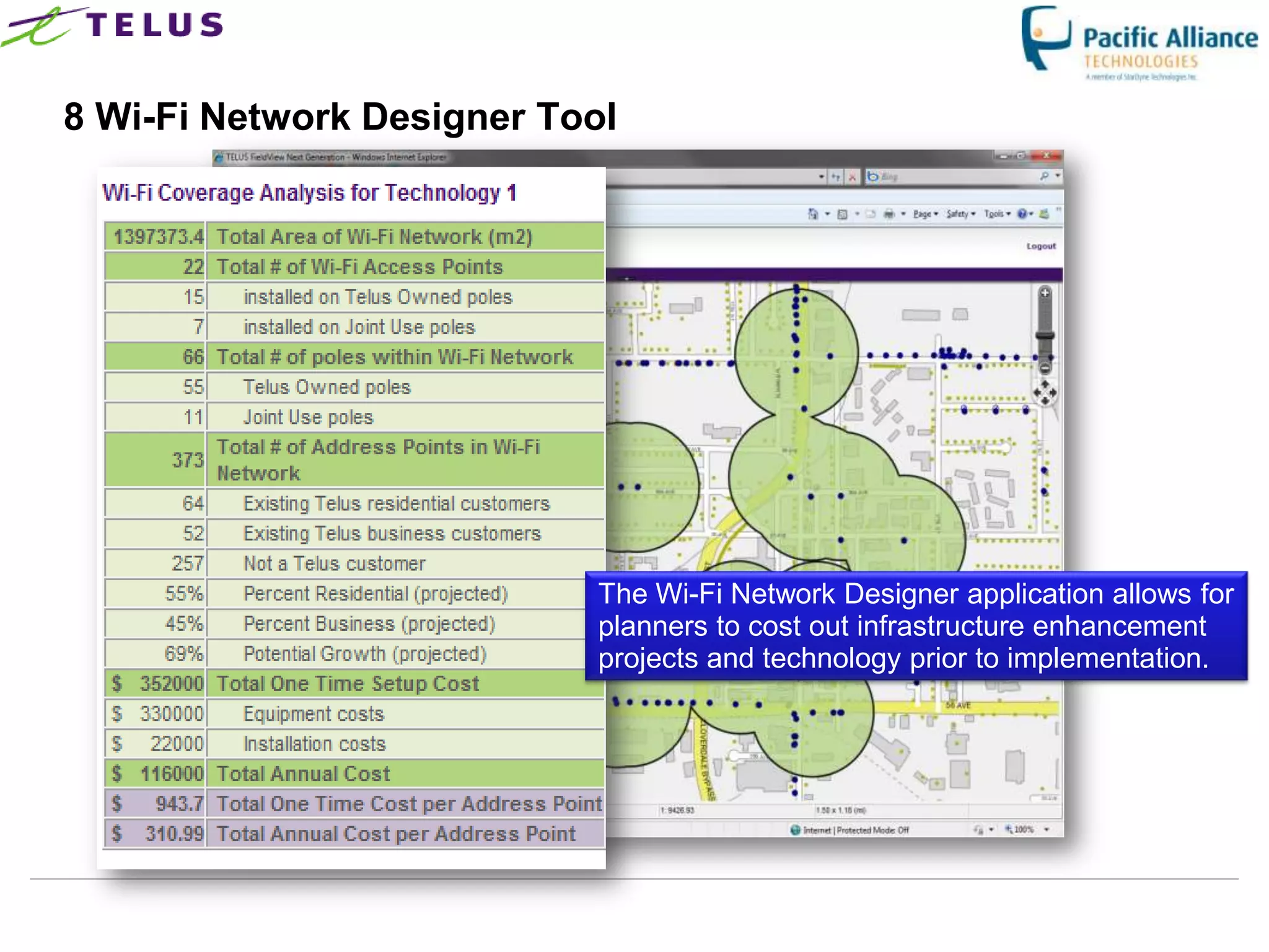 8 Wi-Fi Network Designer Tool




                              The Wi-Fi Network Designer application allows for
                              planners to cost out infrastructure enhancement
                              projects and technology prior to implementation.




                    TELUS Confidential                41
 
