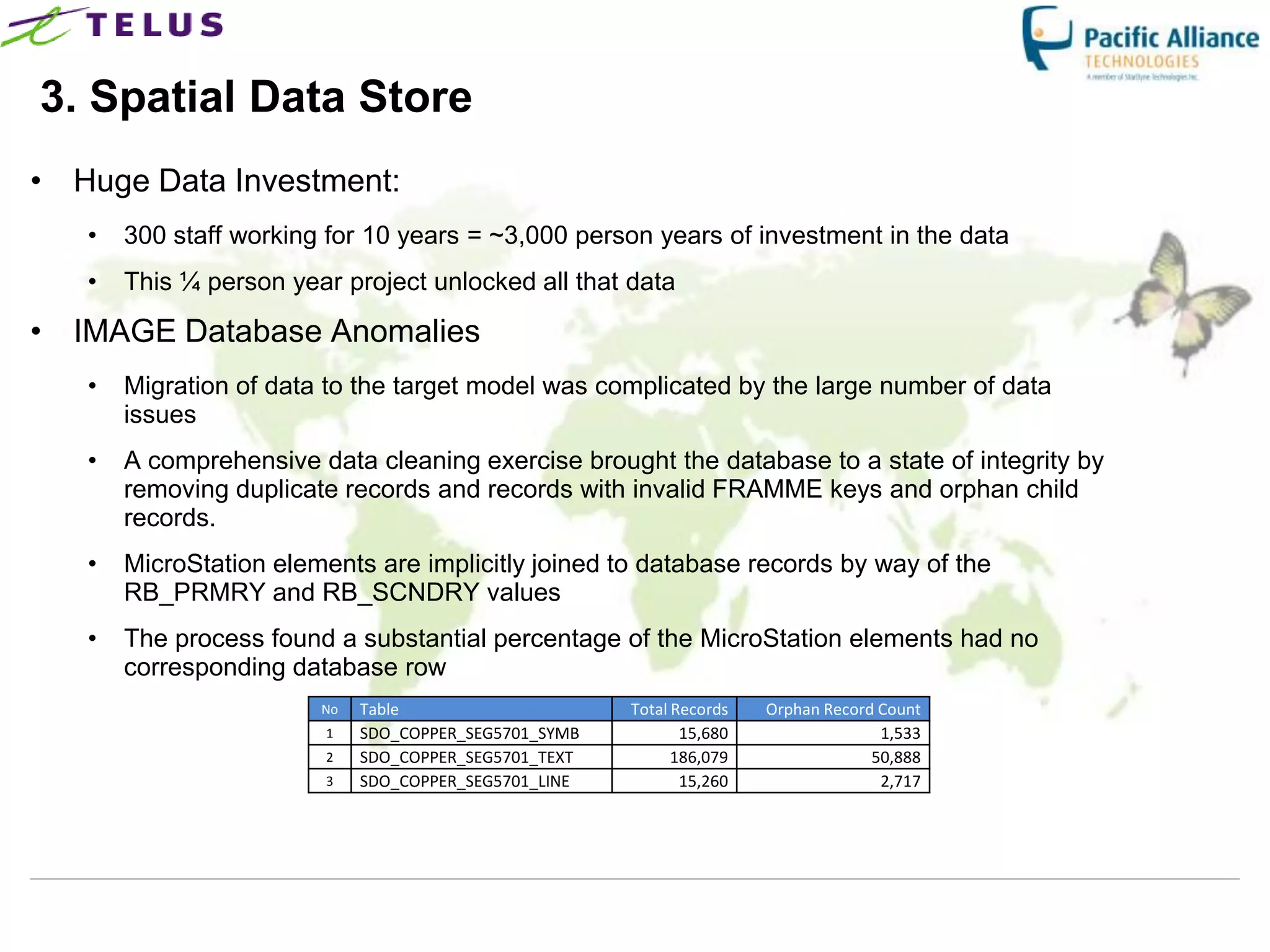 3. Spatial Data Store
• Huge Data Investment:
   •   300 staff working for 10 years = ~3,000 person years of investment in the data
   •   This ¼ person year project unlocked all that data

• IMAGE Database Anomalies
   •   Migration of data to the target model was complicated by the large number of data
       issues
   •   A comprehensive data cleaning exercise brought the database to a state of integrity by
       removing duplicate records and records with invalid FRAMME keys and orphan child
       records.
   •   MicroStation elements are implicitly joined to database records by way of the
       RB_PRMRY and RB_SCNDRY values
   •   The process found a substantial percentage of the MicroStation elements had no
       corresponding database row
                        No   Table                     Total Records   Orphan Record Count
                        1    SDO_COPPER_SEG5701_SYMB          15,680                 1,533
                        2    SDO_COPPER_SEG5701_TEXT         186,079                50,888
                        3    SDO_COPPER_SEG5701_LINE          15,260                 2,717
 