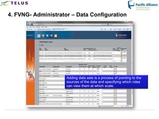 4. FVNG- Administrator – Data Configuration




                       Adding data sets is a process of pointing to the
                       sources of the data and specifying which roles
                       can view them at which scale.




                 TELUS Confidential                   23
 