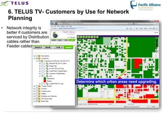 6. TELUS TV- Customers by Use for Network
   Planning
• Network integrity is
  better if customers are
  serviced by Distribution
  cables rather than
  Feeder cables.




                                       Determine which urban areas need upgrading.




                             TELUS Confidential             29
 