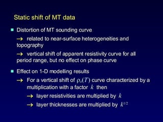 Distortion of MT sounding curve  related to near-surface heterogeneities and  topography  vertical shift of apparent resistivity curve for all  period range, but no effect on phase curve Effect on 1-D modelling results  For a vertical shift of   a ( T   )  curve characterized by a  multiplication with a factor  k   then    layer resistivities are multiplied by  k      layer thicknesses are multiplied by  k 1/2   Static shift of MT data  