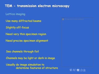 TEM - transmission electron microscopy
Lattice imaging
Use many diffracted beams
Slightly off-focus
Need very thin specimen region
Need precise specimen alignment
See channels through foil
Channels may be light or dark in image
Usually do image simulation to
determine features of structure
铝 钌 铜 合金
 