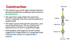 Construction
• The electron gun emits high-energy electrons
directed toward the condenser lens to form a
focused beam.
• The specimen stage holds the specimen,
which is typically very thin and mounted on a
support grid.
• The beam passes through the specimen, and
transmitted electrons are focused by the
objective lens to form a magnified image.
• Intermediate and projector lenses further
magnify the image before it is projected onto
a fluorescent screen or captured by a
camera.
 