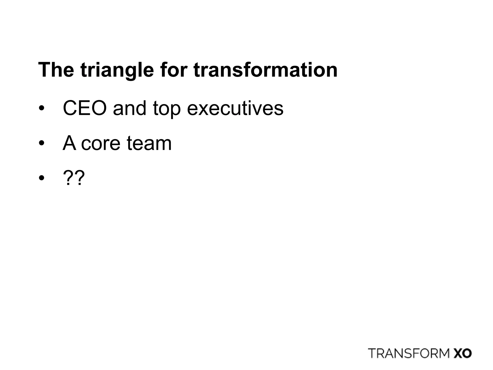The triangle for transformation
• CEO and top executives
• A core team
• ??
 