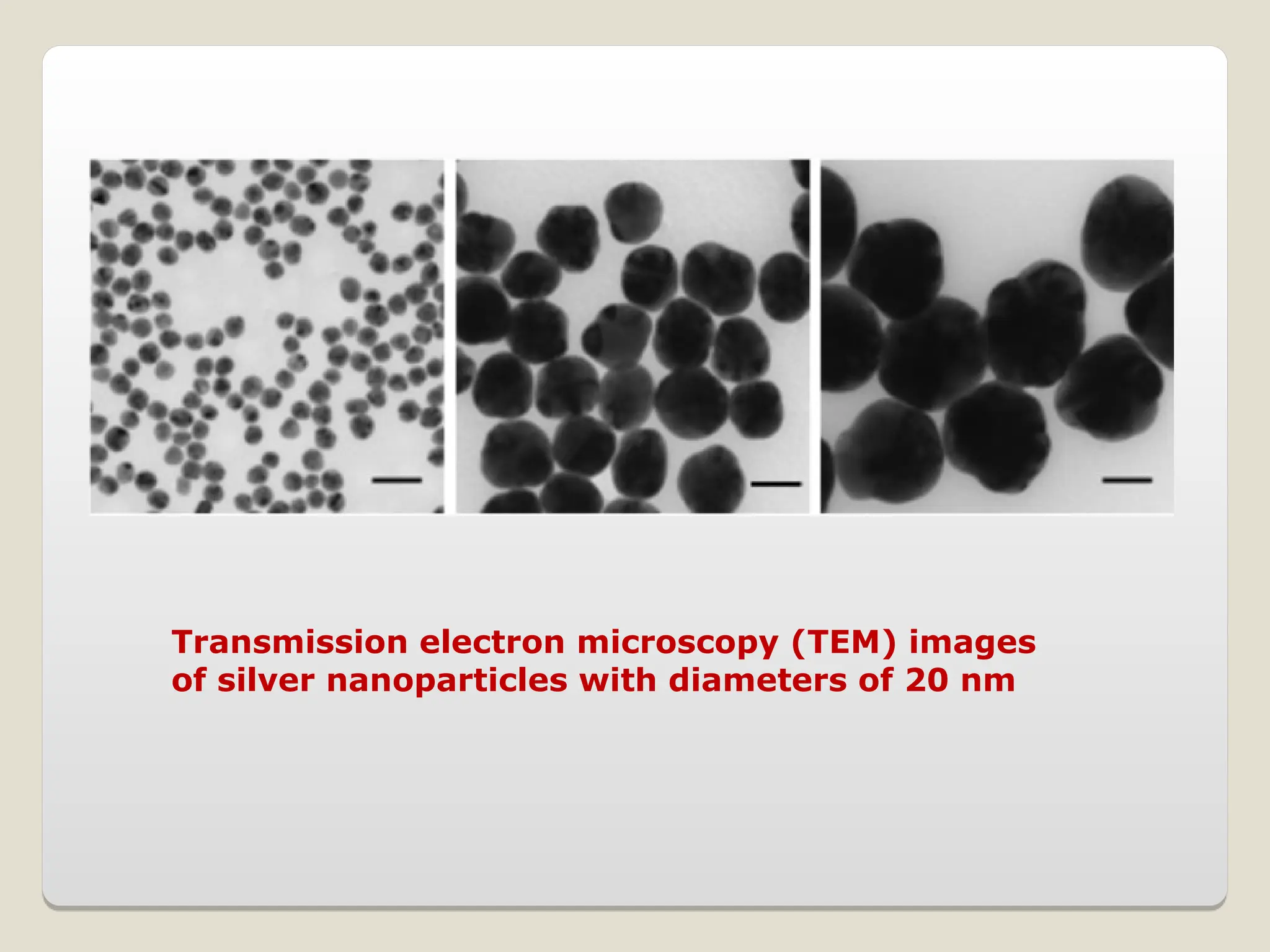 Transmission electron microscopy (TEM) images
of silver nanoparticles with diameters of 20 nm
 