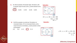 ¡Diferente y Competitivo! ¡Diferente y Competitivo!
9. De 1000 encuestados, 574 estudian ingles, 726 alemán y 250
no estudian ninguno de esos cursos. ¿Cuántos estudian los dos
cursos?
A) 550 B) 450 C) 350 D) 250 E) 600
10. De 5O0 encuestados, se acordó que 124 postulen a la
Universidad Católica, 187 a la Universidad Pacifico y 200 a
ninguna de las dos universidades. ¿Cuántos postulan a ambas
]universidades?
A) 8 B) 9 C) 10 D) 11 E) 12
Solución:
Solución:
5.
6.
 
