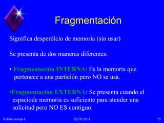 El nivel de multiprogramación está limitado por el número de                    particiones.Cuando una partición está libre, se selecciona un proceso de la        cola de entrada y se carga en la partición libre; cuando un       proceso termina, la partición está disponible para otro.El sistema operativo conserva una tabla que indica qué partes       de la memoria están disponibles y cuales están ocupadas.