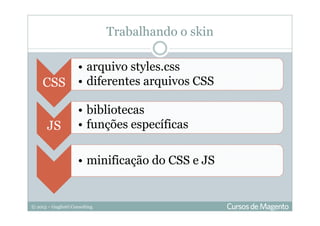 © 2013 – Gugliotti Consulting
CSS
• arquivo styles.css
• diferentes arquivos CSS
JS
• bibliotecas
• funções específicas
• minificação do CSS e JS
Trabalhando o skin
 