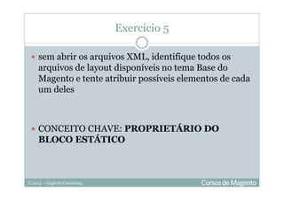 © 2013 – Gugliotti Consulting
sem abrir os arquivos XML, identifique todos os
arquivos de layout disponíveis no tema Base do
Magento e tente atribuir possíveis elementos de cada
um deles
CONCEITO CHAVE: PROPRIETÁRIO DO
BLOCO ESTÁTICO
Exercício 5
 