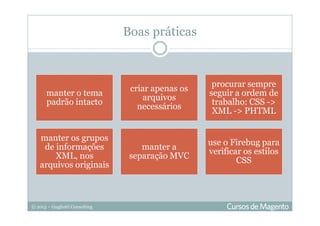 © 2013 – Gugliotti Consulting
manter o tema
padrão intacto
criar apenas os
arquivos
necessários
procurar sempre
seguir a ordem de
trabalho: CSS ->
XML -> PHTML
manter os grupos
de informações
XML, nos
arquivos originais
manter a
separação MVC
use o Firebug para
verificar os estilos
CSS
Boas práticas
 