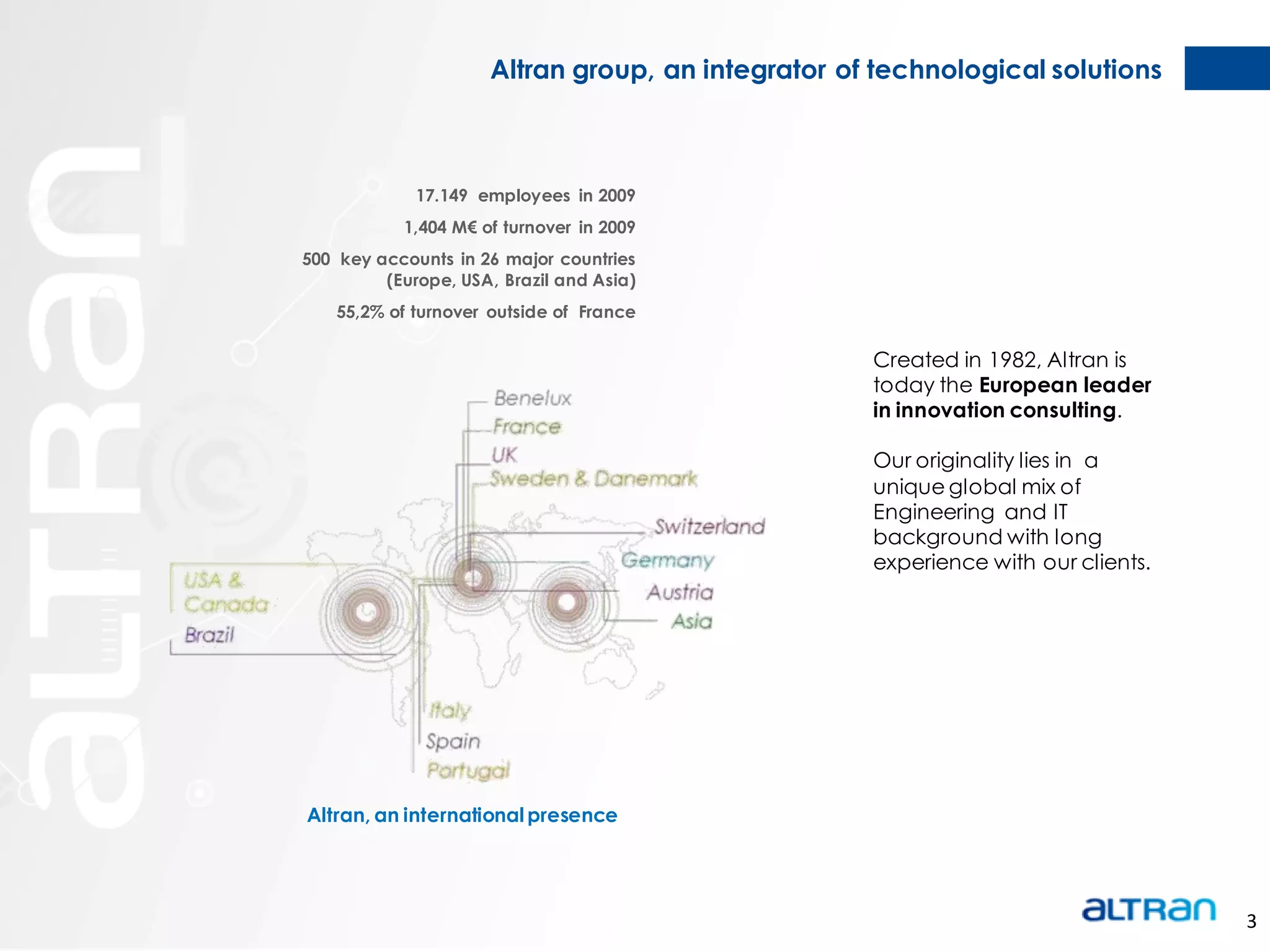 Altran group, an integrator of technological solutions



             17.149 employees in 2009
           1,404 M€ of turnover in 2009
500 key accounts in 26 major countries
         (Europe, USA, Brazil and Asia)
    55,2% of turnover outside of France

                                                   Created in 1982, Altran is
                                                   today the European leader
                                                   in innovation consulting.

                                                   Our originality lies in a
                                                   unique global mix of
                                                   Engineering and IT
                                                   background with long
                                                   experience with our clients.




Altran, an international presence




                                                                                  3
 