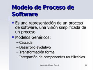 Modelo de Proceso de Software Es una representación de un proceso de software, una visión simplificada de un proceso. Modelos Genéricos: Cascada Desarrollo evolutivo Transformación formal Integración de componentes reutilizables 