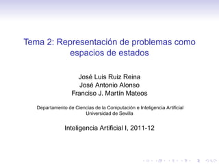 Tema 2: Representación de problemas como
espacios de estados
José Luis Ruiz Reina
José Antonio Alonso
Franciso J. Martín Mateos
Departamento de Ciencias de la Computación e Inteligencia Artiﬁcial
Universidad de Sevilla

Inteligencia Artiﬁcial I, 2011-12

 
