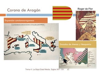 Corona de Aragón Expansión catalanoaragonesa Ducados de Atenas y Neopatria JC Tema 4. La Baja Edad Media. Siglos XIV - XV. Roger de Flor 