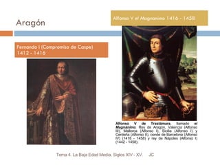Aragón Fernando I (Compromiso de Caspe) 1412 - 1416 Alfonso V  el Magnanimo  1416 - 1458 JC Tema 4. La Baja Edad Media. Siglos XIV - XV. Alfonso V de Trastámara , llamado  el Magnánimo . Rey de Aragón, Valencia (Alfonso III), Mallorca (Alfonso I), Sicilia (Alfonso I) y Cerdeña (Alfonso II), conde de Barcelona (Alfonso IV) (1416 - 1458) y rey de Nápoles (Alfonso I) (1442 - 1458). 