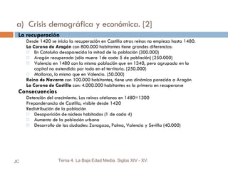 a)  Crisis demográfica y económica. [2] La recuperación Desde 1420 se inicia la recuperación en Castilla otros reinos no empieza hasta 1480. La Corona de Aragón  con 800.000 habitantes tiene grandes diferencias: En Cataluña desaparecida la mitad de la población (300.000) Aragón recuperada (sólo muere 1de cada 5 de población) (250.000) Valencia en 1480 con la misma población que en 1340, pero agrupada en la capital no extendida por todo en el territorio. (250.000) Mallorca, lo mismo que en Valencia. (50.000) Reino de Navarra  con 100.000 habitantes, tiene una dinámica parecida a Aragón La Corona de Castilla  con: 4.000.000 habitantes es la primera en recuperarse Consecuencias Detención del crecimiento. Los reinos cristianos en 1480=1300 Preponderancia de Castilla, visible desde 1420 Redistribución de la población Desaparición de núcleos habitados (1 de cada 4) Aumento de la población urbana Desarrollo de las ciudades: Zaragoza, Palma, Valencia y Sevilla (40.000) JC Tema 4. La Baja Edad Media. Siglos XIV - XV. 