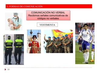 COMUNICACIÓN NO VERBAL
Recibimos señales comunicativas de
códigos no verbales
COMUNICACIÓN NO VERBAL
Recibimos señales comunicativas de
códigos no verbales
VESTIMENTA
10
3. FORMAS DE COMUNICACIÓN
 
