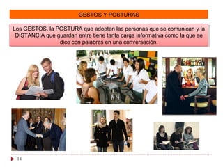 GESTOS Y POSTURAS
Los GESTOS, la POSTURA que adoptan las personas que se comunican y la
DISTANCIA que guardan entre tiene tanta carga informativa como la que se
dice con palabras en una conversación.
Los GESTOS, la POSTURA que adoptan las personas que se comunican y la
DISTANCIA que guardan entre tiene tanta carga informativa como la que se
dice con palabras en una conversación.
14
 