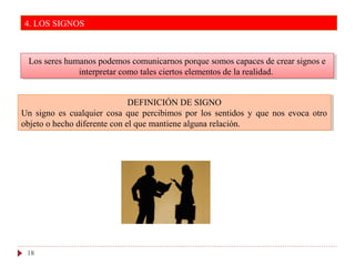 Los seres humanos podemos comunicarnos porque somos capaces de crear signos e
interpretar como tales ciertos elementos de la realidad.
Los seres humanos podemos comunicarnos porque somos capaces de crear signos e
interpretar como tales ciertos elementos de la realidad.
18
DEFINICIÓN DE SIGNO
Un signo es cualquier cosa que percibimos por los sentidos y que nos evoca otro
objeto o hecho diferente con el que mantiene alguna relación.
DEFINICIÓN DE SIGNO
Un signo es cualquier cosa que percibimos por los sentidos y que nos evoca otro
objeto o hecho diferente con el que mantiene alguna relación.
4. LOS SIGNOS
 