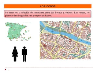 LOS ICONOS
Se basan en la relación de semejanza entre dos hechos y objetos. Los mapas, los
planos o las fotografías son ejemplos de iconos.
Se basan en la relación de semejanza entre dos hechos y objetos. Los mapas, los
planos o las fotografías son ejemplos de iconos.
21
 
