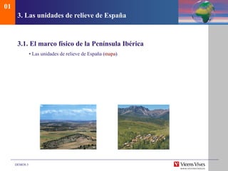 DEMOS 3
3. Las unidades de relieve de España
3.1. El marco físico de la Península Ibérica
• Las unidades de relieve de España (mapa)
01
 