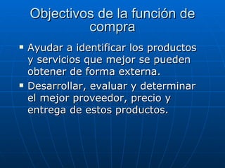 Objectivos de la función de compra Ayudar a identificar los productos y servicios que mejor se pueden obtener de forma externa. Desarrollar, evaluar y determinar el mejor proveedor, precio y entrega de estos productos. 