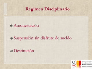 Régimen Disciplinario Amonestación Suspensión sin disfrute de sueldo  Destitución 
