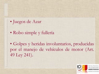 Juegos de Azar Robo simple y fullería Golpes y heridas involuntarios, producidas por el manejo de vehículos de motor (Art. 49 Ley 241). 