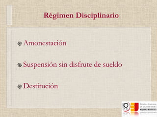Régimen Disciplinario Amonestación Suspensión sin disfrute de sueldo  Destitución 