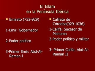 El Islam en la Península Ibérica Emirato (732-929) 1-Emir: Gobernador  2-Poder político 3-Primer Emir: Abd-Al-Raman I Califato de Córdoba(929-1036) 1-Califa: Sucesor de Mahoma 2-Poder político y militar 3- Primer Califa: Abd-Al-Raman II 
