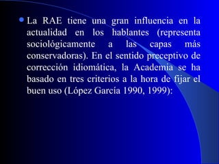 La RAE tiene una gran influencia en la actualidad en los hablantes (representa sociológicamente a las capas más conservadoras). En el sentido preceptivo de corrección idiomática, la Academia se ha basado en tres criterios a la hora de fijar el buen uso (López García 1990, 1999): 