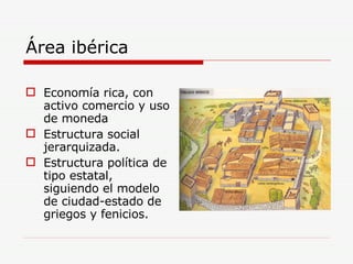 Área ibérica Economía rica, con activo comercio y uso de moneda Estructura social jerarquizada. Estructura política de tipo estatal, siguiendo el modelo de ciudad-estado de griegos y fenicios. 