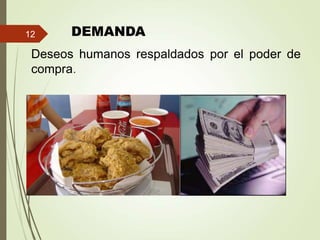 DEMANDA
Deseos humanos respaldados por el poder de
compra.
12
 