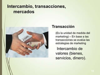 Intercambio, transacciones,
mercados
Transacción
(Es la unidad de medida del
marketing) – En base a las
transacciones se evalúa las
estrategias de marketing
Intercambio de
valores (bienes,
servicios, dinero).
16
 