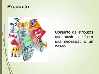 Producto
Conjunto de atributos
que puede satisfacer
una necesidad o un
deseo.
23
 