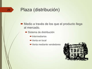 Plaza (distribución)
 Medio a través de los que el producto llega
al mercado.
 Sistema de distribución
Intermediarios
Venta en local
Venta mediante vendedores
29
 