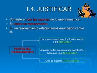 1.4. JUSTIFICAR Consiste en  dar las razones  de lo que afirmamos.  Es  hacer un razonamiento. En un razonamiento relacionamos enunciados entre sí.  Unos son las razones, los fundamentos: LAS  PREMISAS Otro es nuestra  CONCLUSIÓN PARTES DEL RAZONAMIENTO Al pasar de las premisas a la conclusión, hacemos una  INFERENCIA 