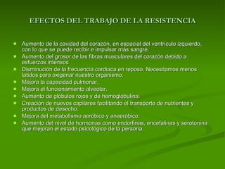 EFECTOS DEL TRABAJO DE LA RESISTENCIA Aumento de la cavidad del corazón, en espacial del ventrículo izquierdo, con lo que se puede recibir e impulsar más sangre. Aumento del grosor de las fibras musculares del corazón debido a esfuerzos intensos Disminución de la frecuencia cardiaca en reposo. Necesitamos menos latidos para oxigenar nuestro organismo. Mejora la capacidad pulmonar. Mejora el funcionamiento alveolar. Aumento de glóbulos rojos y de hemoglobulina. Creación de nuevos capilares facilitando el transporte de nutrientes y productos de desecho. Mejora del metabolismo aeróbico y anaeróbico. Aumento del nivel de hormonas como endorfinas, encefalinas y serotonina que mejoran el estado psicológico de la persona. 