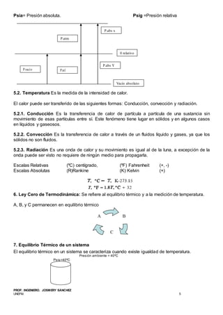 PROF: INGENIERO. JOSMERY SÁNCHEZ
UNEFM. 5
Psia= Presión absoluta. Psig =Presión relativa
P.abs x
P.atm
0 relativo
P.vacío P.rel
P.abs Y
Vacío absoluto
5.2. Temperatura Es la medida de la intensidad de calor.
El calor puede ser transferido de las siguientes formas: Conducción, convección y radiación.
5.2.1. Conducción Es la transferencia de calor de partícula a partícula de una sustancia sin
movimiento de esas partículas entre sí. Este fenómeno tiene lugar en sólidos y en algunos casos
en líquidos y gaseosos.
5.2.2. Convección Es la transferencia de calor a través de un fluidos líquido y gases, ya que los
sólidos no son fluidos.
5.2.3. Radiación Es una onda de calor y su movimiento es igual al de la luna, a excepción de la
onda puede ser visto no requiere de ningún medio para propagarla.
Escalas Relativas (ºC) centígrado, (ºF) Fahrenheit (+, -)
Escalas Absolutas (R)Rankine (K) Kelvin (+)
6. Ley Cero de Termodinámica: Se refiere al equilibrio térmico y a la medición de temperatura.
A, B, y C permanecen en equilibrio térmico
A B
C
7. Equilibrio Térmico de un sistema
El equilibrio térmico en un sistema se caracteriza cuando existe igualdad de temperatura.
Presión ambiente = 40ºC
Psis=40ºC
 
