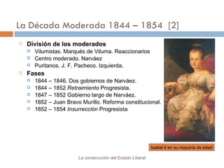 La Década Moderada 1844 – 1854  [2]  División de los moderados  Vilumistas. Marqués de Viluma. Reaccionarios Centro moderado. Narváez Puritanos. J. F. Pacheco. Izquierda. Fases  1844 – 1846. Dos gobiernos de Narváez. 1844 – 1852  Retraimiento  Progresista. 1847 – 1852 Gobierno largo de Narváez. 1852 – Juan Bravo Murillo. Reforma constitucional. 1852 – 1854  Insurrección  Progresista La construcción del Estado Liberal Isabel II en su mayoría de edad 