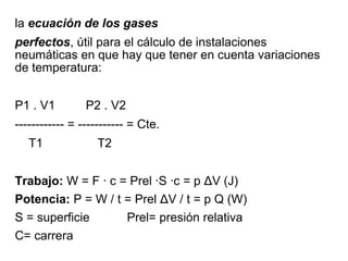 la ecuación de los gases
perfectos, útil para el cálculo de instalaciones
neumáticas en que hay que tener en cuenta variaciones
de temperatura:
P1 . V1 P2 . V2
------------ = ----------- = Cte.
T1 T2
Trabajo: W = F · c = Prel ·S ·c = p ΔV (J)
Potencia: P = W / t = Prel ΔV / t = p Q (W)
S = superficie Prel= presión relativa
C= carrera
 