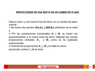 PROYECCIONES DE UNA RECTA EN UN CAMBIO DE PLANO Dada  la recta  r  y una nueva línea de tierra, en un cambio de plano vertical : 1 Se toman dos puntos  A(A 1 A 2 )   y  B(B 1 B 2 )   arbitrarios de la recta  r. 2 Por las proyecciones horizontales  A l   y  B 1  se trazan las perpendiculares a la nueva línea de tierra, hallando las nuevas proyecciones verticales  A´ 2  y  B´ 2  como se ha explicado anteriormente. 3 Uniendo las proyecciones  A´ 2   y  B´ 2  se halla la nueva proyección vertica  r´ 2  de la recta.   Ver siguiente 