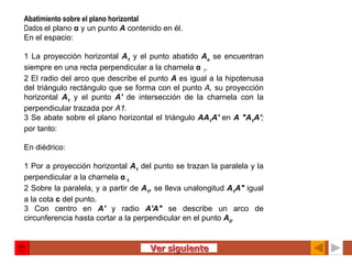 Abatimiento sobre el plano horizontal Dados  el plano  α   y un punto  A   contenido en él. En el espacio:   1 La proyección horizontal  A 1   y el punto abatido  A o   se encuentran siempre en una recta perpendicular a la charnela  α   1 . 2 El radio del arco que describe el punto  A   es igual a la hipotenusa del triángulo rectángulo que se forma con el punto  A,  su proyección horizontal  A 1   y el punto  A'  de intersección de la charnela con la perpendicular trazada por  A1. 3 Se abate sobre el plano horizontal el triángulo  AA 1 A'   en  A "A 1 A' ;  por tanto: En diédrico:   1 Por a proyección horizontal  A 1   del punto se trazan la paralela y la perpendicular a la charnela  α  1 . 2 Sobre la paralela, y a partir de  A 1 ,   se lleva unalongitud  A 1 A"   igual a la cota  c  del punto. 3 Con centro en  A'   y radio  A'A"   se describe un arco de circunferencia hasta cortar a la perpendicular en el punto  A 0 . Ver siguiente 