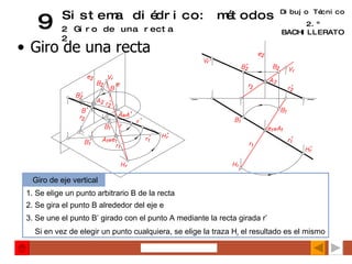 Dibujo Técnico 2.º BACHILLERATO 9 Sistema diédrico: métodos 22 Giro de una recta Giro de una recta Giro de eje vertical 1. Se elige un punto arbitrario B de la recta 2. Se gira el punto B alrededor del eje e 3. Se une el punto B’ girado con el punto A mediante la recta girada r’ Si en vez de elegir un punto cualquiera, se elige la traza H r  el resultado es el mismo 