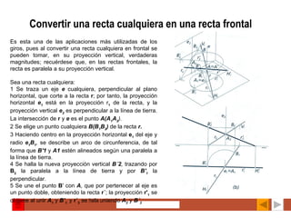 Convertir una recta cualquiera en una recta frontal Es esta una de las aplicaciones más utilizadas de los giros, pues al convertir una recta cualquiera en frontal se pueden tomar, en su proyección vertical, verdaderas magnitudes; recuérdese que, en las rectas frontales, la recta es paralela a su proyección vertical.   Sea una recta cualquiera: 1 Se traza un eje  e   cualquiera, perpendicular al plano horizontal, que corte a la recta  r ; por tanto, la proyección horizontal  e 1   está en la proyección r 1  de la recta, y la proyección vertical  e 2   es perpendicular a la línea de tierra. La intersección de  r  y  e   es el punto  A(A 1 A 2 ). 2 Se elige un punto cualquiera  B(B 1 B 2 )   de la recta  r. 3 Haciendo centro en la proyección horizontal  e 1   del eje y radio  e 1 B 1 ,  se describe un arco de circunferencia, de tal forma que  B'1   y  A1  estén alineados según una paralela a la línea de tierra. 4 Se halla la nueva proyección vertical  B´2 ,  trazando por  B 2  la paralela a la línea de tierra y por  B' 1   la perpendicular. 5 Se une el punto  B ' con  A ,  que por pertenecer al eje es un punto doble, obteniendo la recta  r´ ; la proyección  r' 1  se obtiene al unir  A 1   y  B' 1 ,   y  r´ 2  se  halla  uniendo  A 2   y  B´ 2 