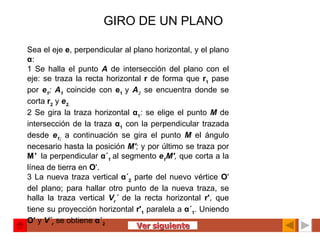 GIRO DE UN PLANO   Sea el eje  e , perpendicular al plano horizontal, y el plano  α : 1 Se halla el punto  A   de intersección del plano con el eje: se traza la recta horizontal  r  de forma que  r 1  pase por  e 1 ;  A 1   coincide con  e 1  y  A 2   se encuentra donde se corta  r 2   y   e 2. 2 Se gira la traza horizontal  α 1 :  se elige el punto  M   de intersección de la traza  α 1   con la perpendicular trazada desde  e 1;   a continuación se gira el punto  M   el ángulo necesario hasta la posición  M' ;  y por último se traza por  M '   la perpendicular  α´ 1  al segmento  e 1 M' ,  que corta a la línea de tierra en  O '. 3 La nueva traza vertical  α´ 2   parte del nuevo vértice  O ' del plano; para hallar otro punto de la nueva traza, se halla la traza vertical  V r ´  de la recta horizontal  r' , que tiene su proyección horizontal  r' 1  paralela a  α´ 1 .  Uniendo  O'  y  V´ r   se obtiene  α´ 2 Ver siguiente 
